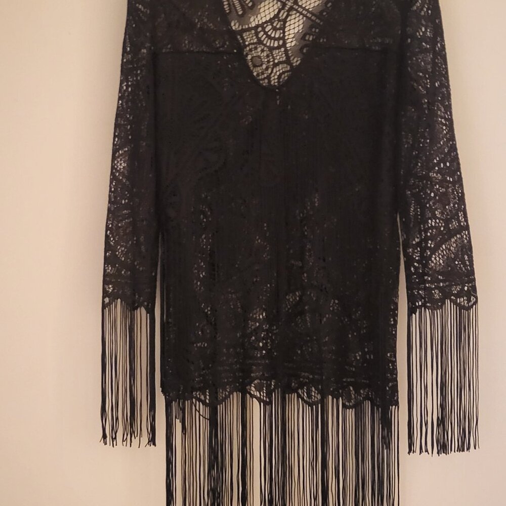 Vivienne Tam Acetate Crochet Top with Fringes.   Size 0 and Color Black